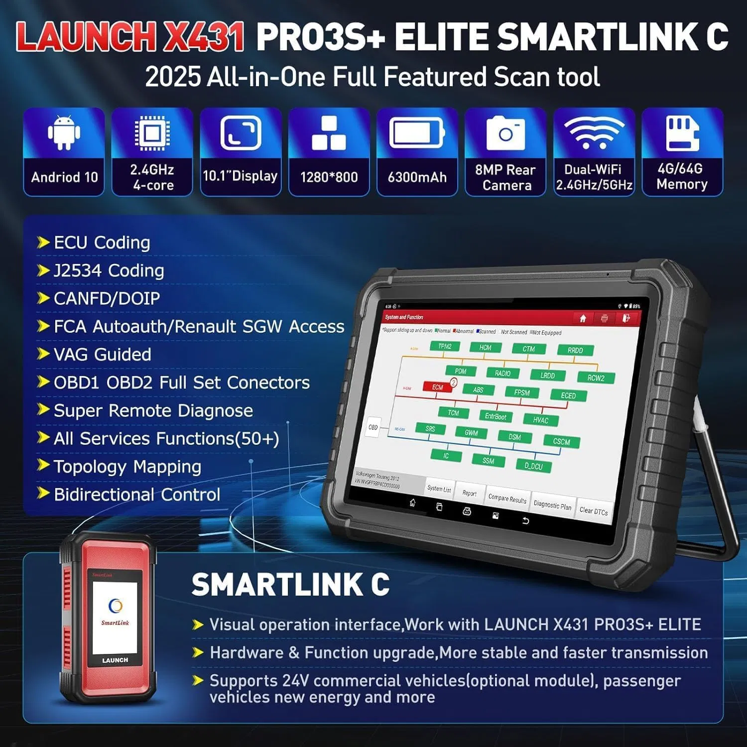 Launch X431 PRO3s+ Smartlink C Bidirectional Scan Tool with J2534 OEM Topology Map Heavy Duty Truck Diagnostic Scanner for 24V Cars