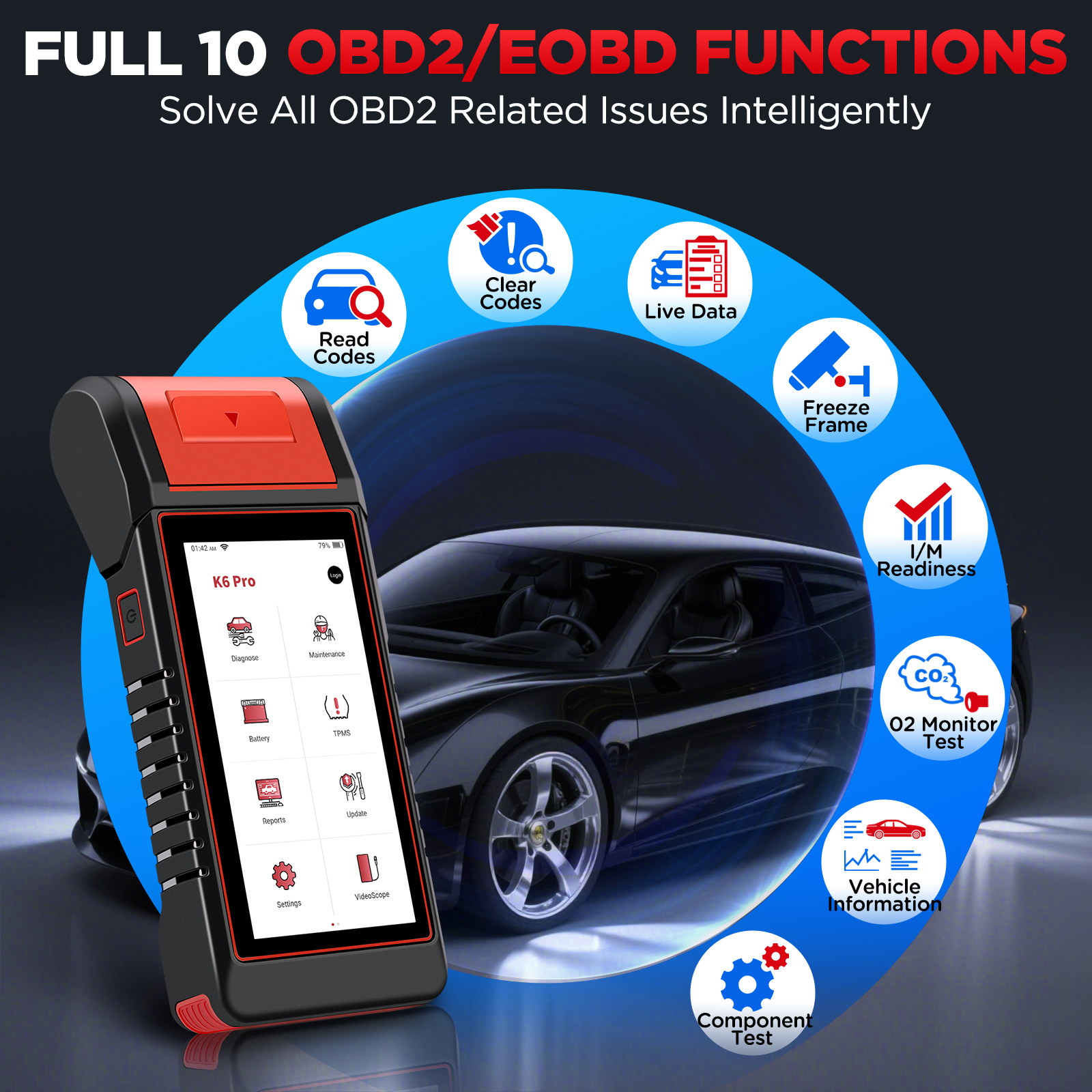 Kingbolen K6 PRO Full System OBD2 Scanner 4-in-1 Bidirectional Diagnostic Tool 12V for Cars Battery Test TPMS Diagnose