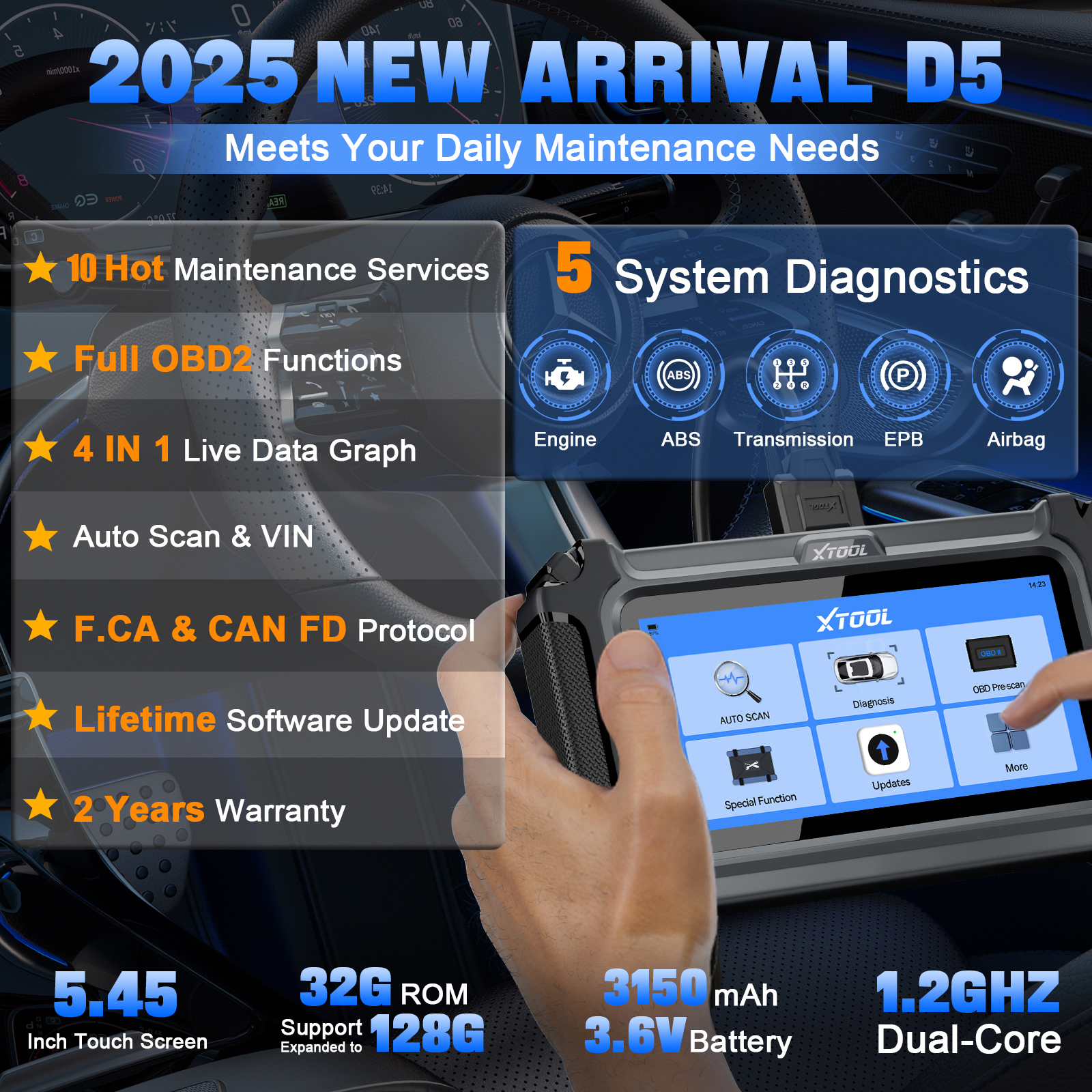 2026 Hot Obd2 Scanner Lifetime Free Update XTOOL D5 Universal Car Code Reader 5 System Vehicle Diagnostic Tool With 10+ Reset