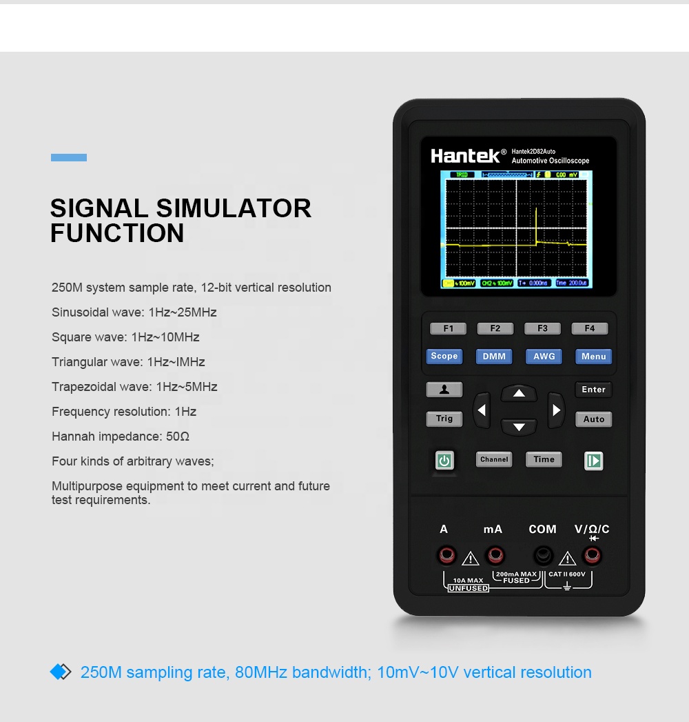 Hantek 2d82 Auto 4 in 1 Hantek 2 Channels 80Mhz Digital Oscilloscope +Signal Source +Automotive Diagnostic +USB Multimeter
