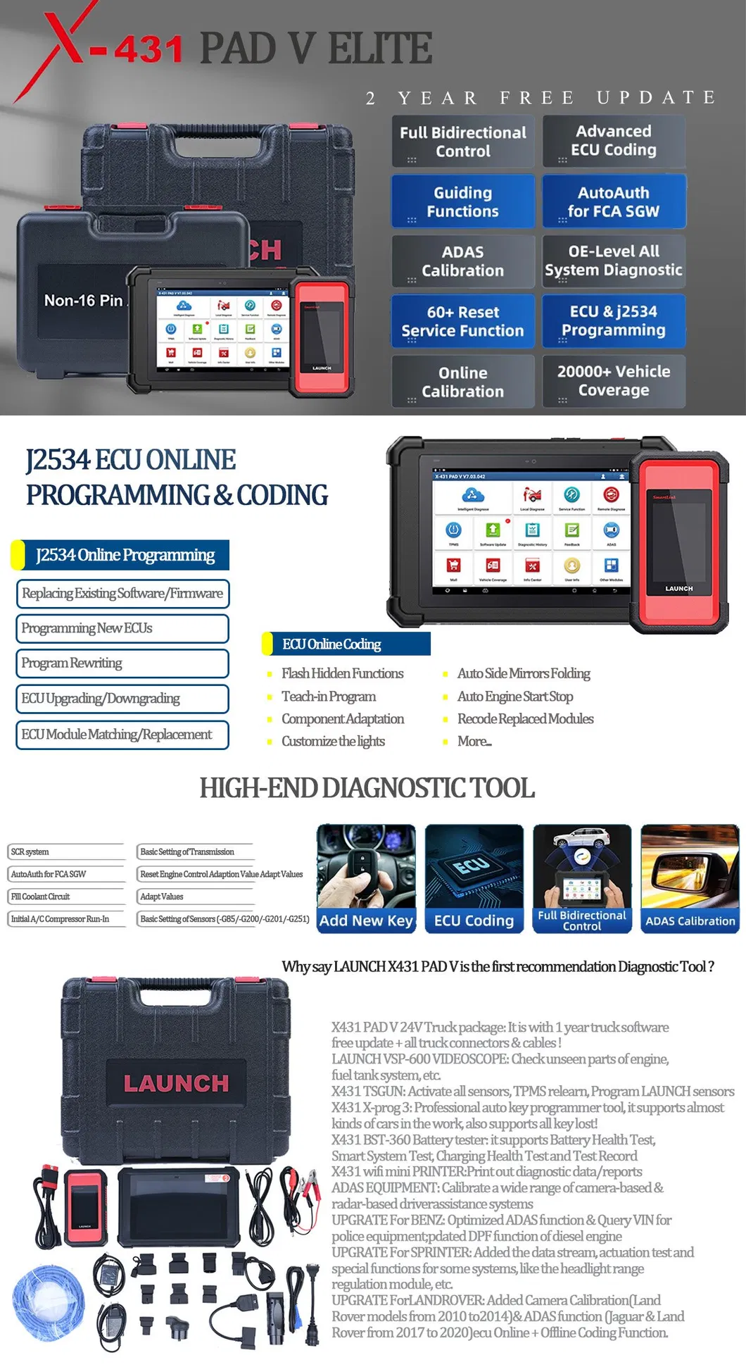 Launch X431 Pad V Auto ECU Online Programming Coding Control Full Reset Functions Automotive Scan Diagnostic Tools