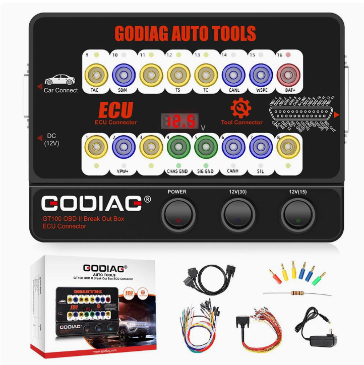 Godiag GT100 And GT100 Pro OBDII Breakout Box ECU Bench Connector Adds Electronic Current Display And CANBUS Protocol