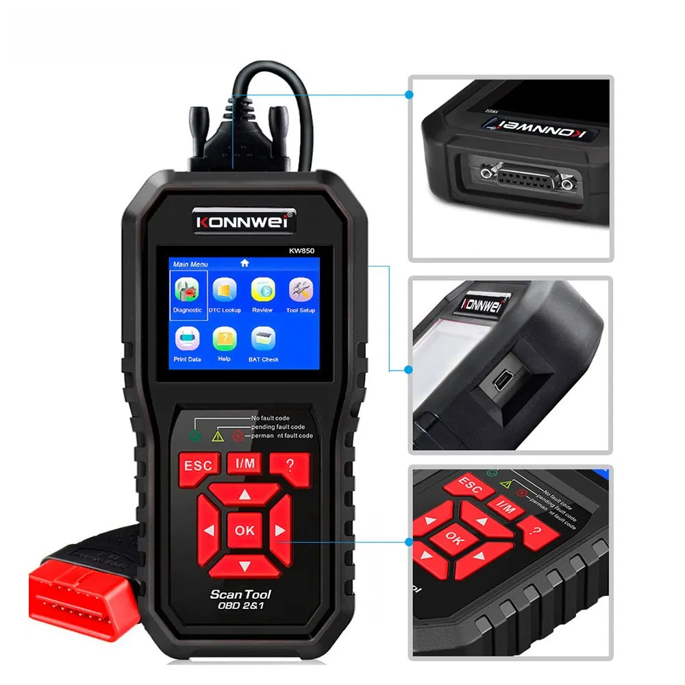 Konnwei Kw850 OBD2 Scanner Code Reader OBD II Automotive Scanner Car Diagnostic Scan Tool Check Engine Tool (Support 8 Languages) - Black