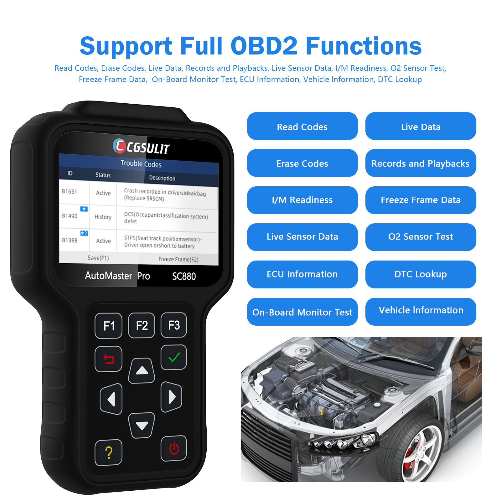 CGSULIT SC880 Car Diagnostic Tool with All System ABS SRS Transmission Engine TPS DPF