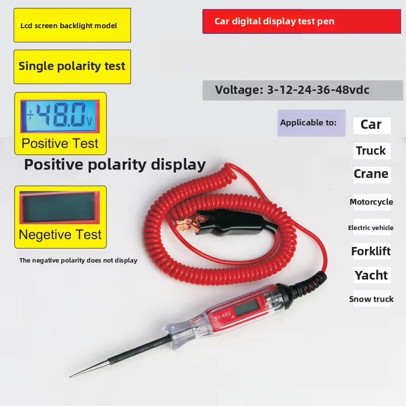 Heavy Duty 3-48V Automotive Circuit Tester with Backlit Digital LCD Voltage Display with Stainless Probe