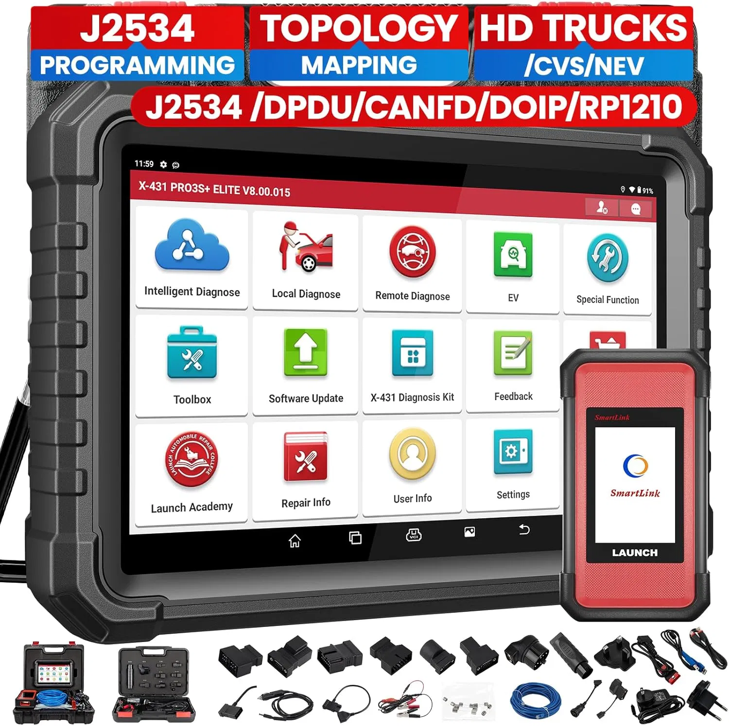 Launch X431 PRO3s+ Smartlink C Bidirectional Scan Tool with J2534 OEM Topology Map Heavy Duty Truck Diagnostic Scanner for 24V Cars