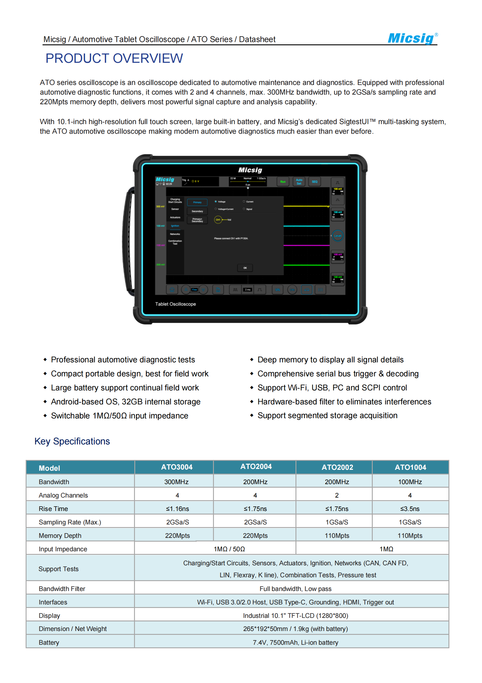 Micsig Automotive Oscilloscope ATO Series 100MHz-300MHz 2/4 Channels Sampling Rate 2GSa/s