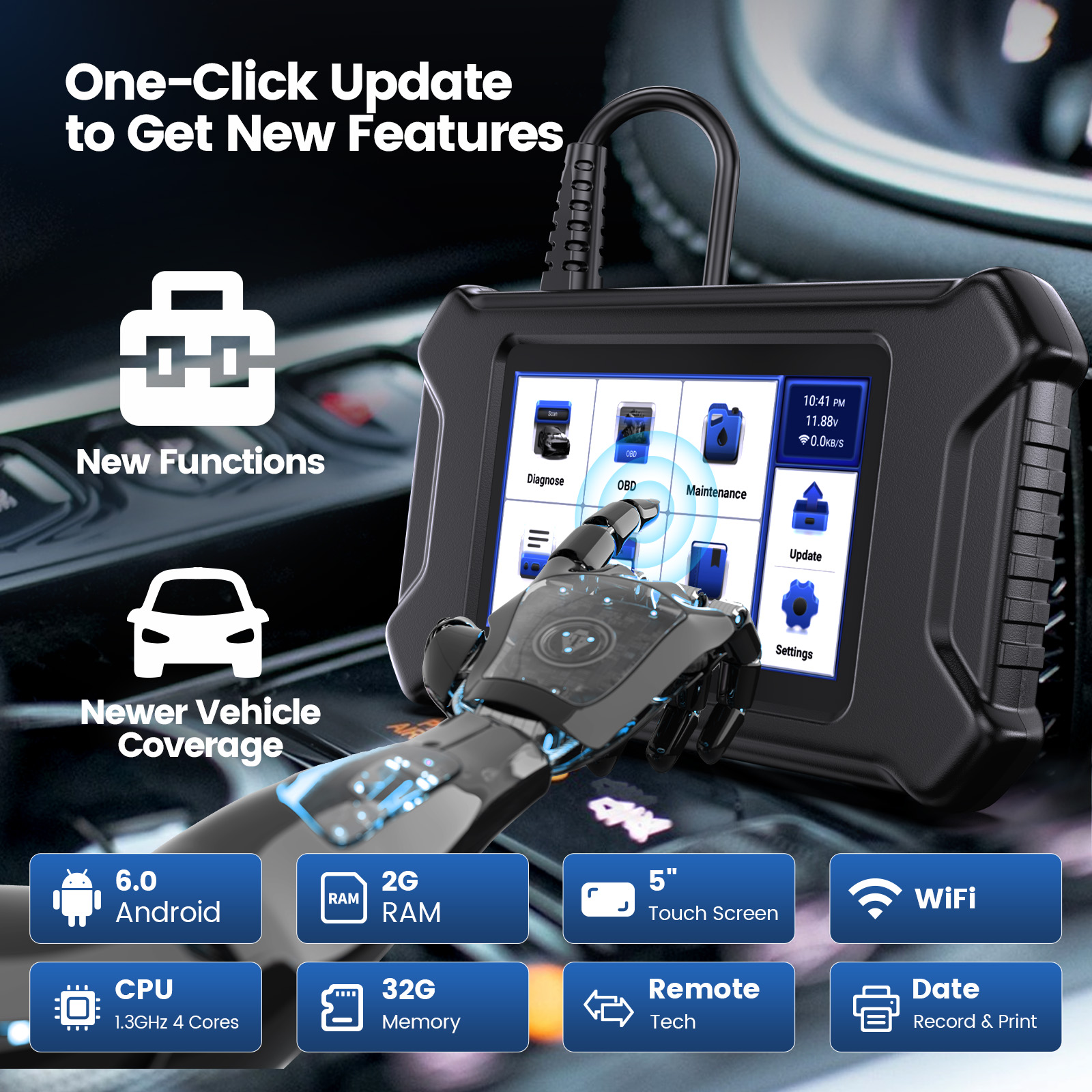 MUCAR CS6 Obd2 Scanner All Car Diagnostic Tools ABS SRS ECM TCM BCM TPMS 6 Resets Vehicle Diagnostic Scan Tool Free Upgrade