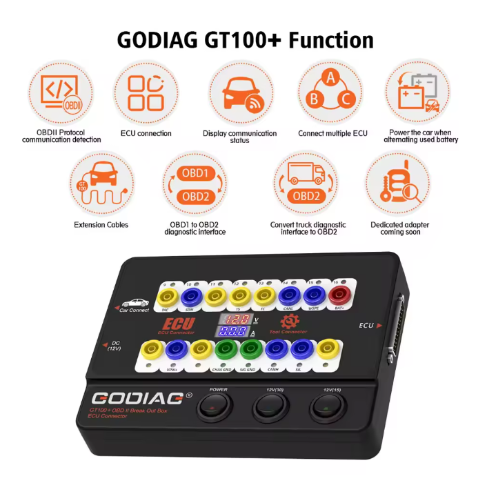 Godiag GT100 And GT100 Pro OBDII Breakout Box ECU Bench Connector Adds Electronic Current Display And CANBUS Protocol
