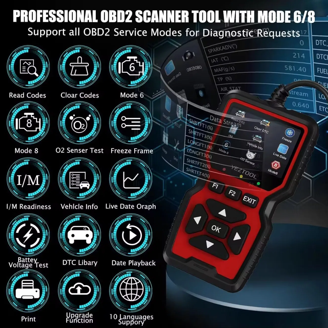 V519 Plus Automotive Scan Tool, Supports 10 Languages, Works with All 1996+ Us/EU/Asian OBD2 Vehicles