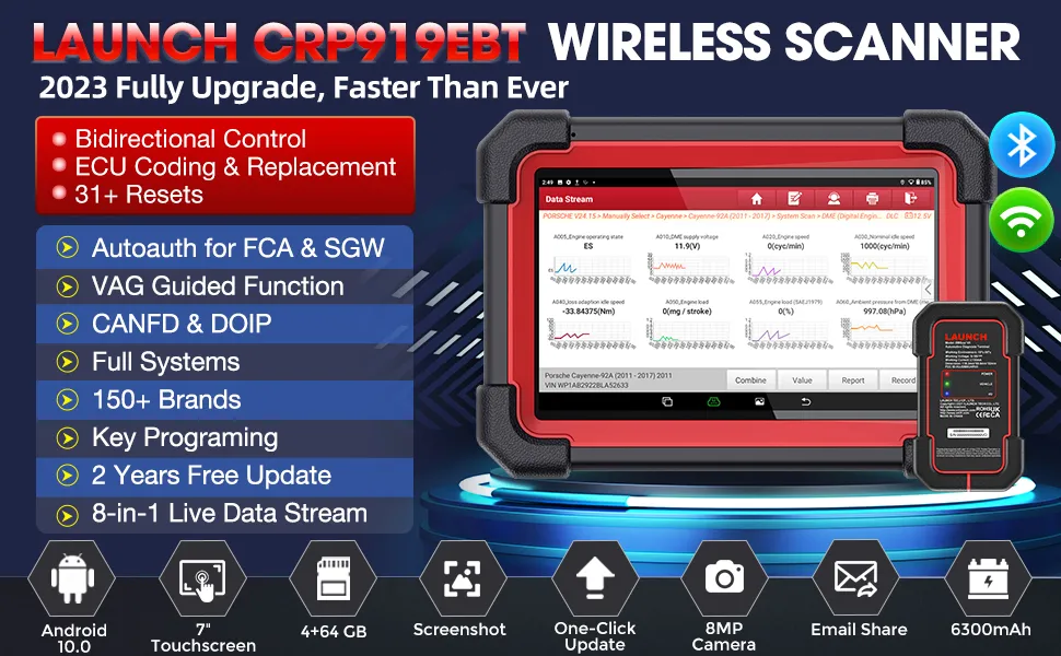 Launch X431 Crp919e Bt Car Diagnostic Tool Dbscar VII Vci Auto OBD OBD2 Scanner Active Test ECU Coding Canfd Doip 31+ Reset Services