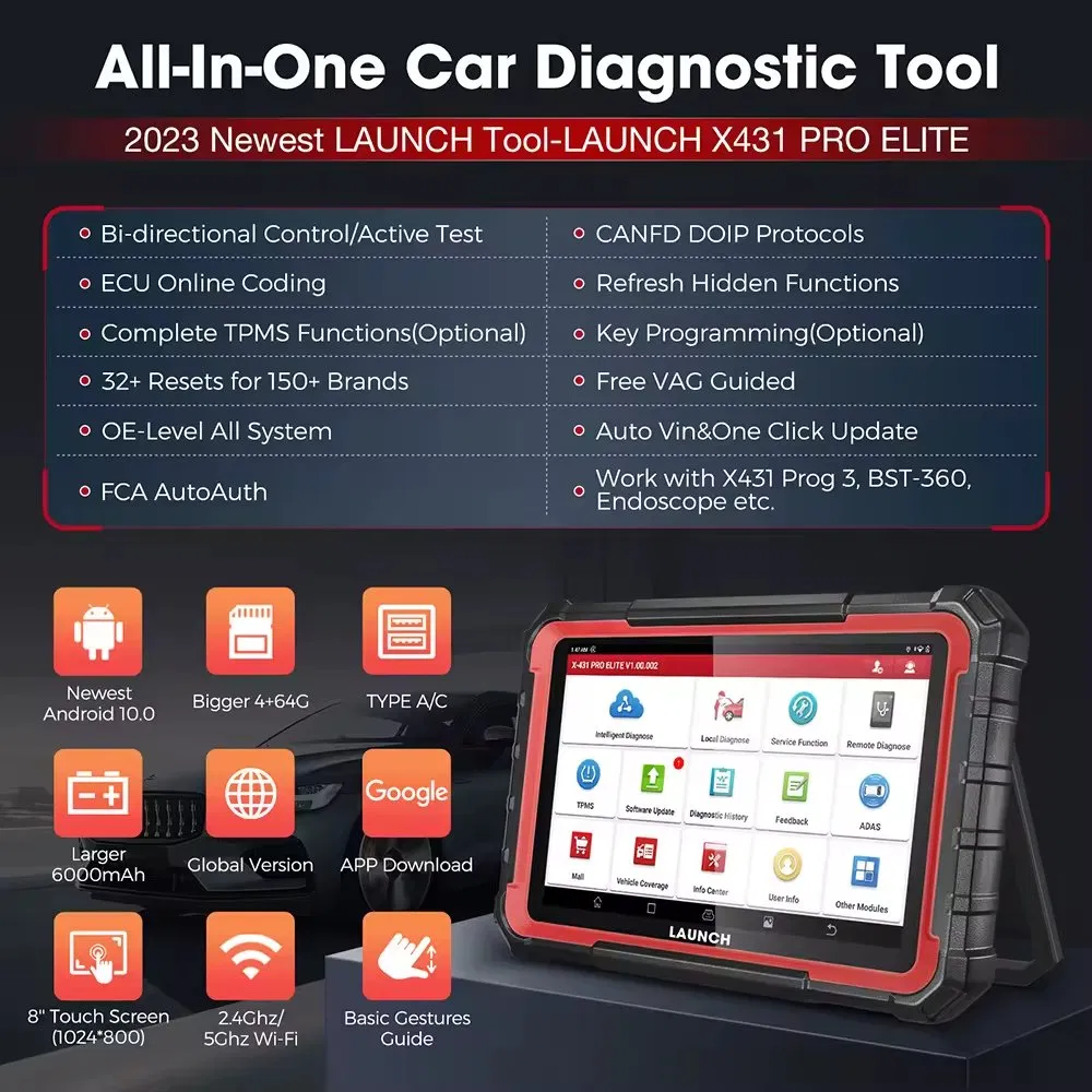 Launch X431 PRO Elite Automotive Diagnostic Scan Tool with 8 Inch Screen All System Bidirectional Auto Car Scanner for 2 Years Free Update
