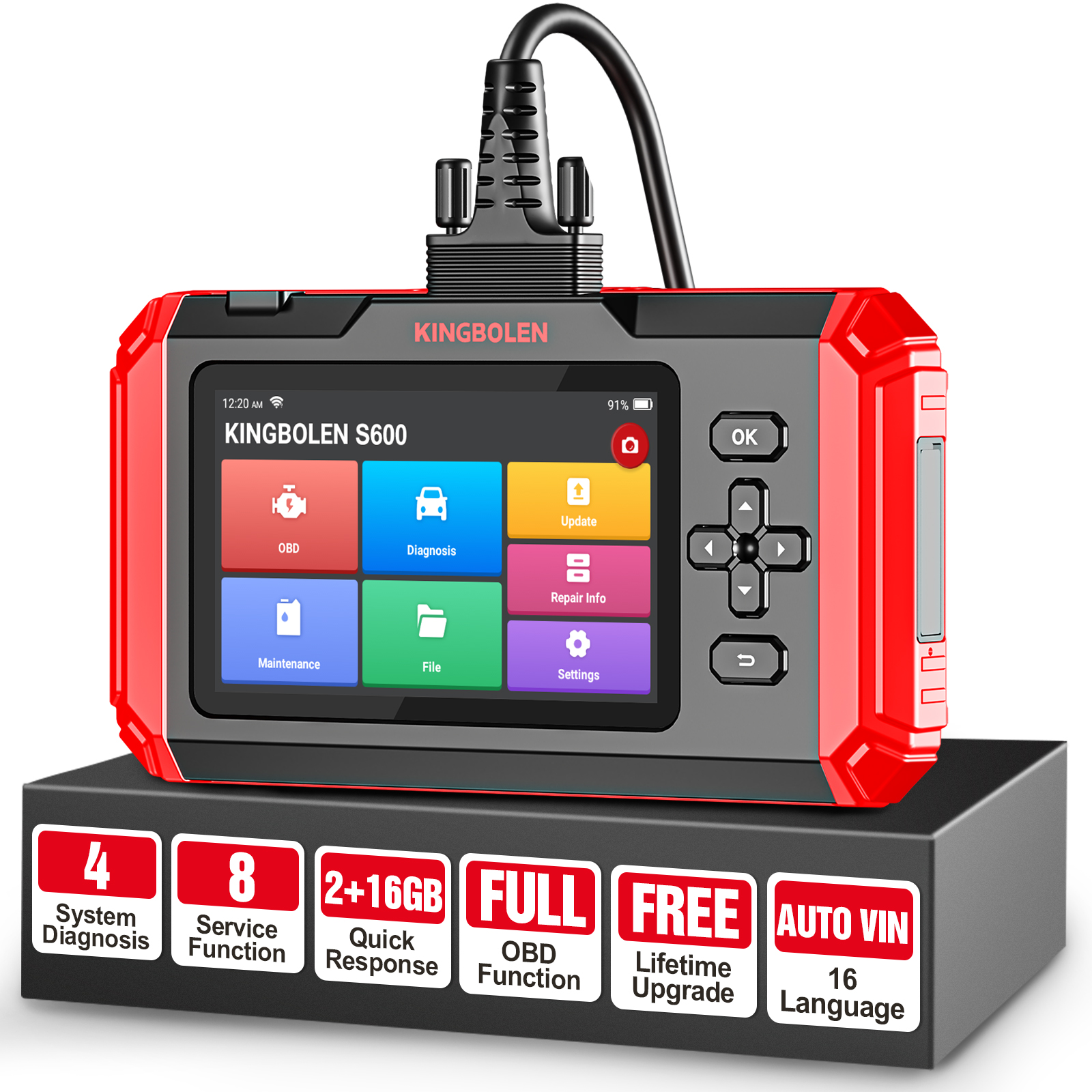 Kingbolen S600 Mutil System OBD2 Scanner ABS SRS ECM TCM 8 Resets TPMS DPF Brake Resets Lifetime Free
