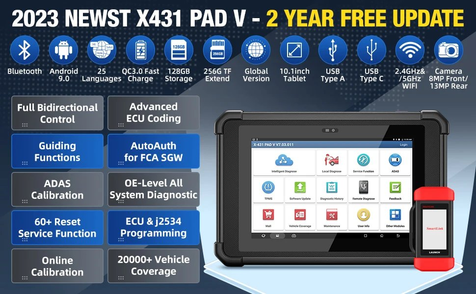 Launch X431 Pad V OBD2 Scanner Heavy Duty Truck Key Car Programming Machine Diagnostic Tool