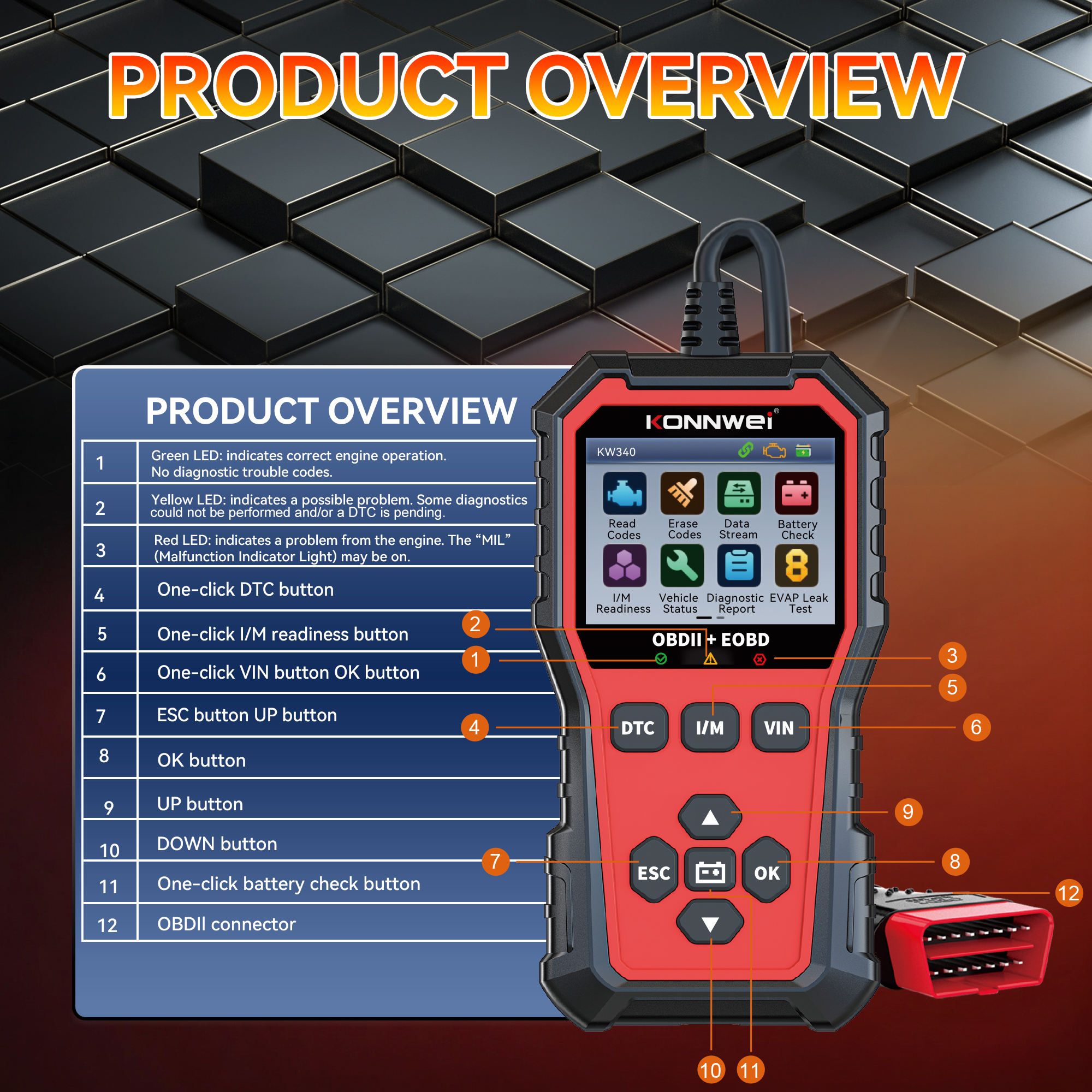 KW340 OBD2 Scanner Car Diagnostic Tools Engine Analyzer Car Scan Tools Code Reader Engine Automotive