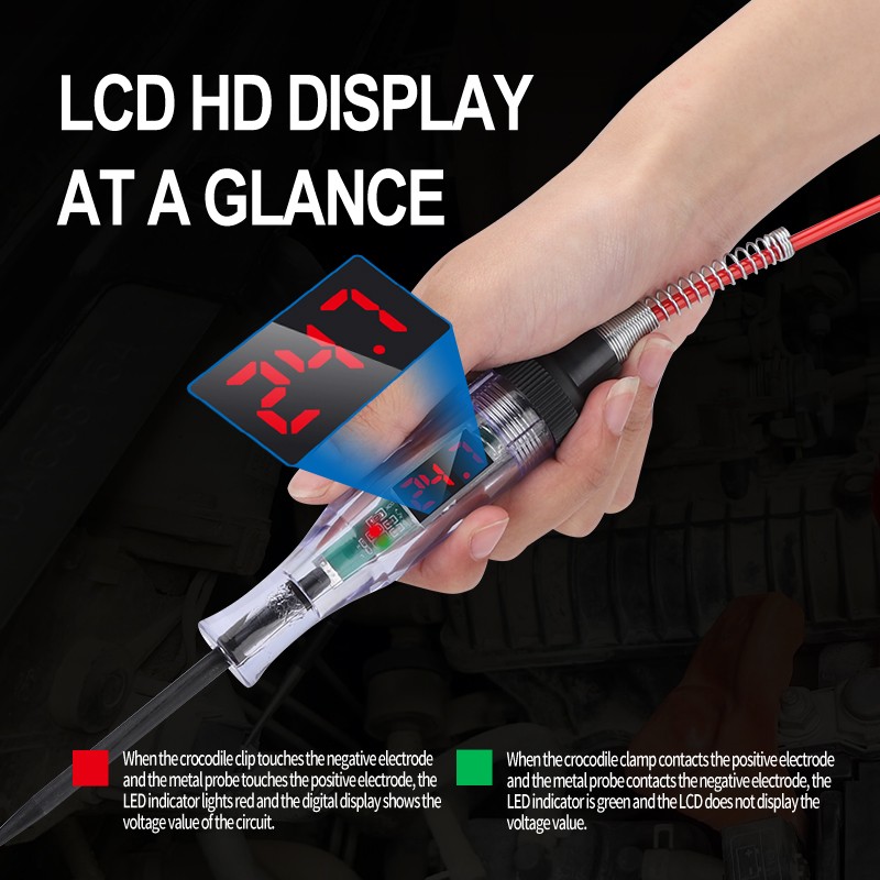 Test Light Automotive 3-48V Digital LED Circuit Tester with Voltage Display Electric Test Pen with Extended Spring Wire