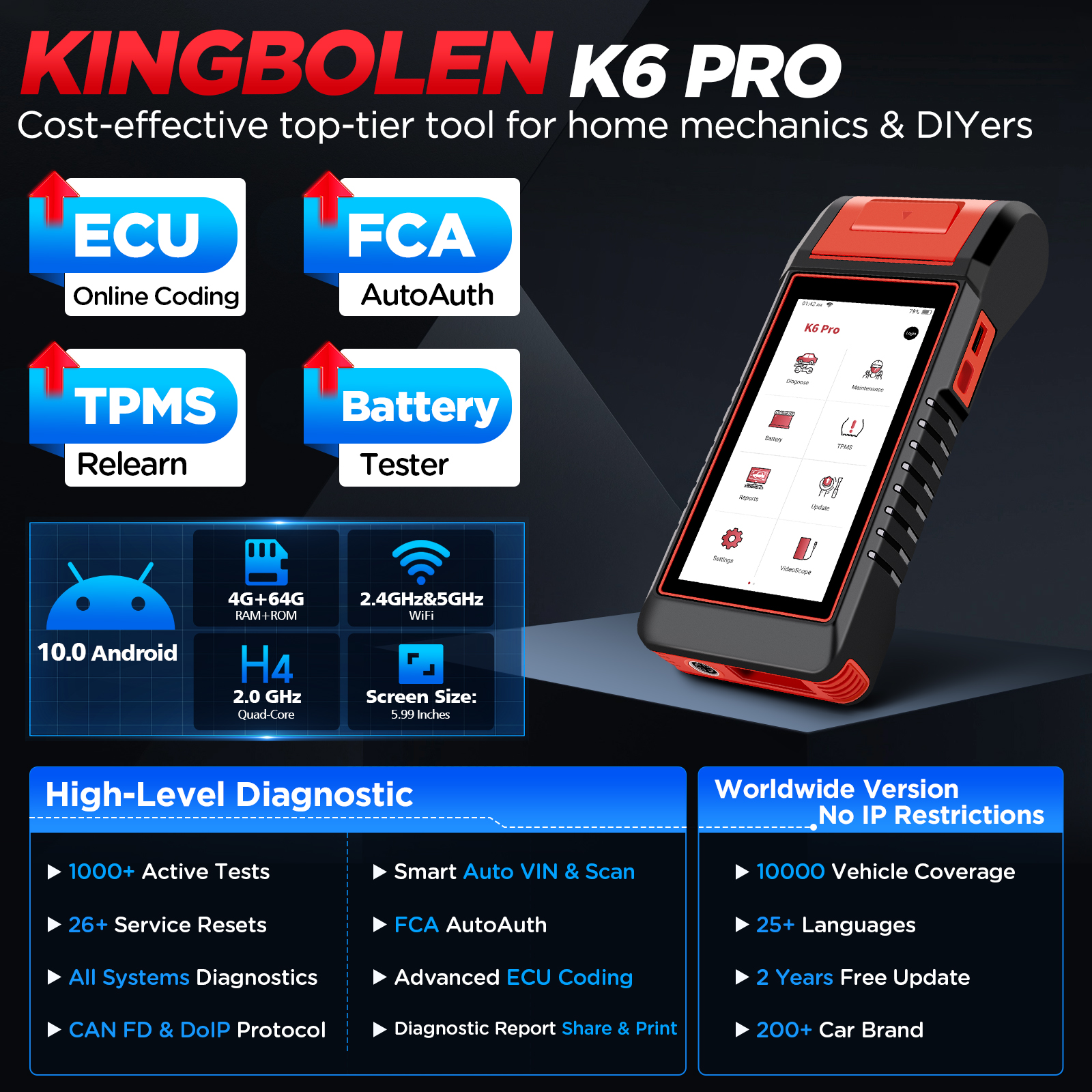 Kingbolen K6 PRO Full System OBD2 Scanner 4-in-1 Bidirectional Diagnostic Tool 12V for Cars Battery Test TPMS Diagnose