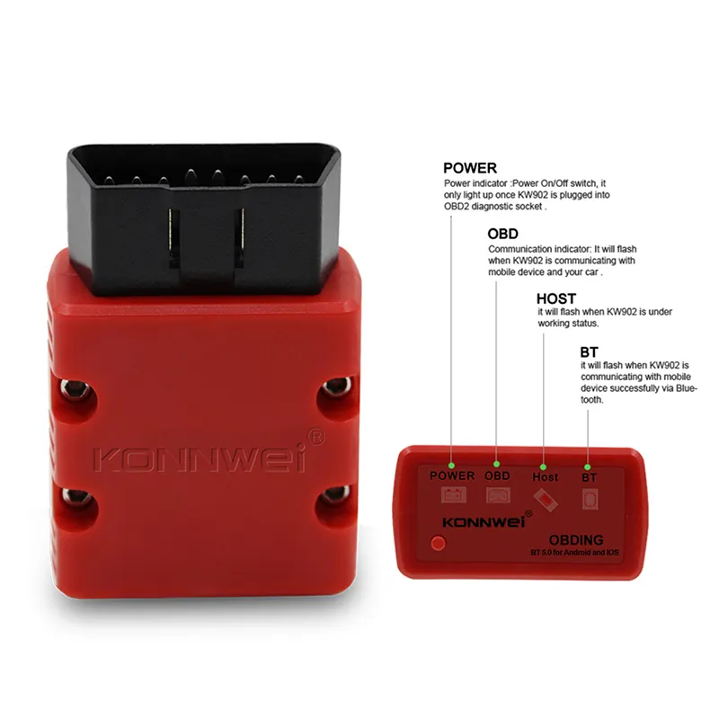 Konnwei Kw902 OBD2 Scanner - Bluetooth 4.0/5.0, Ios/Android, Car Diagnostic Tool (Black)