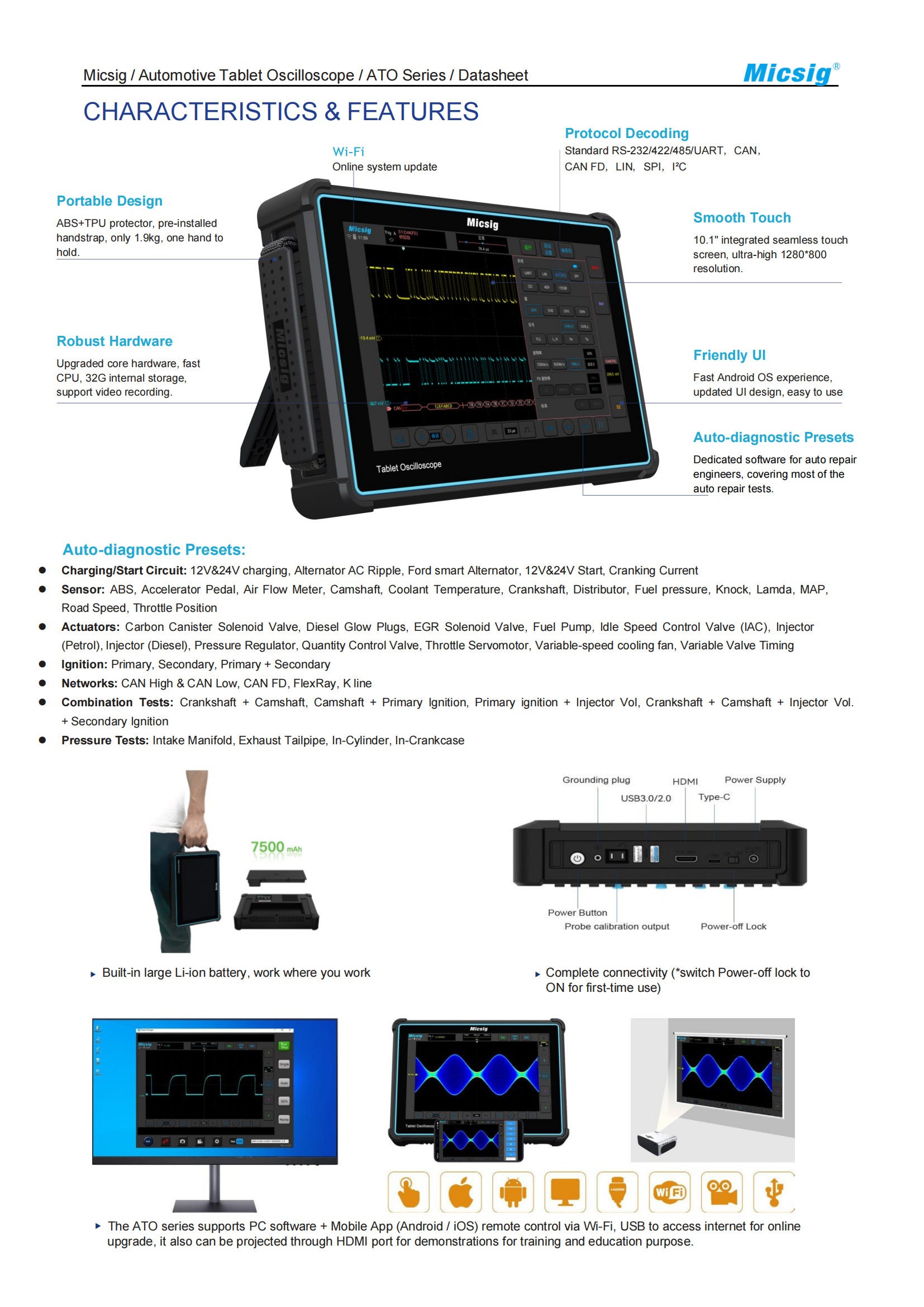 Micsig Automotive Oscilloscope ATO Series 100MHz-300MHz 2/4 Channels Sampling Rate 2GSa/s