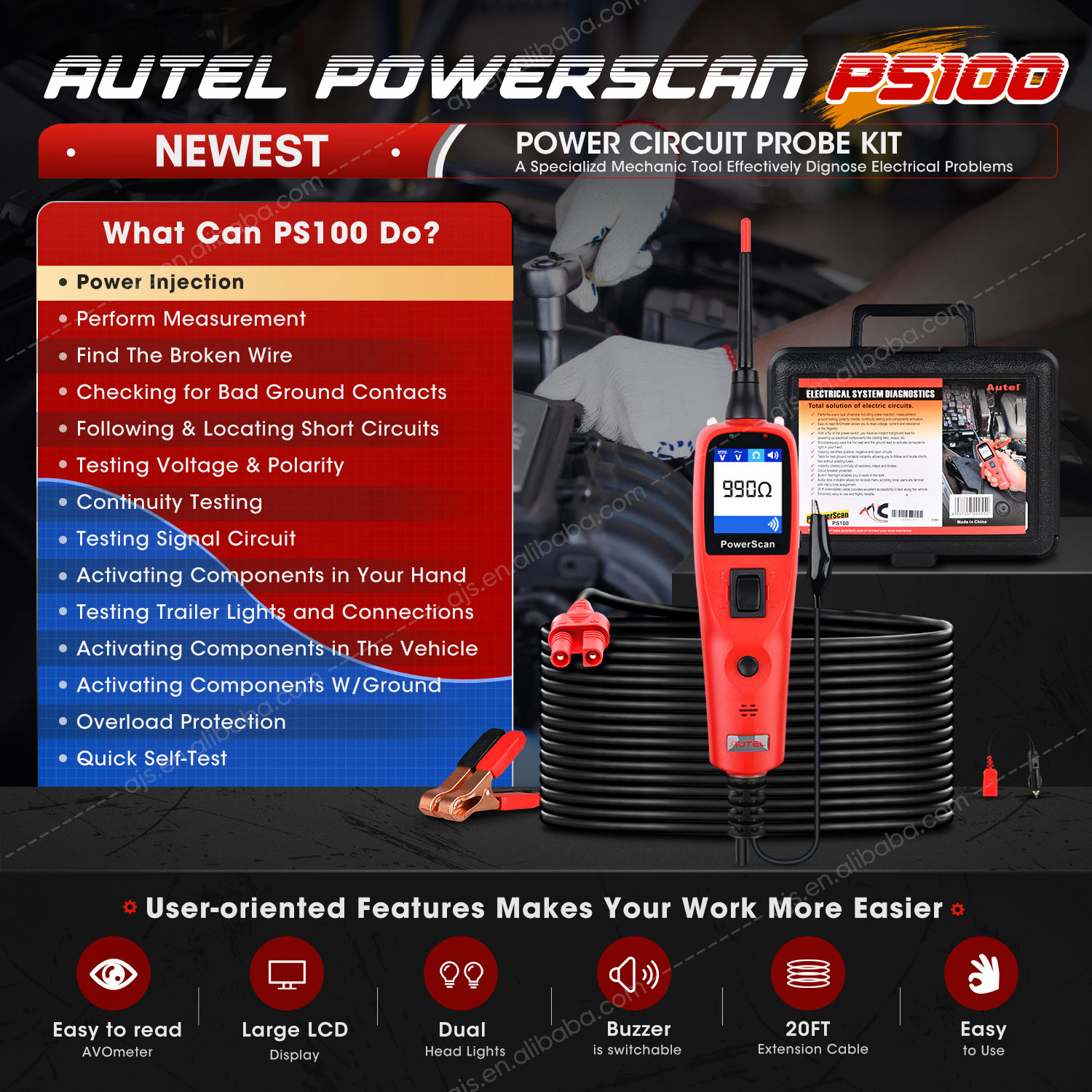 Autel PowerScan PS100 12V 24V Automotive OBD2 Scanner Power Probe Electric Circuit System Tester Car Coil Battery Circuit Tester