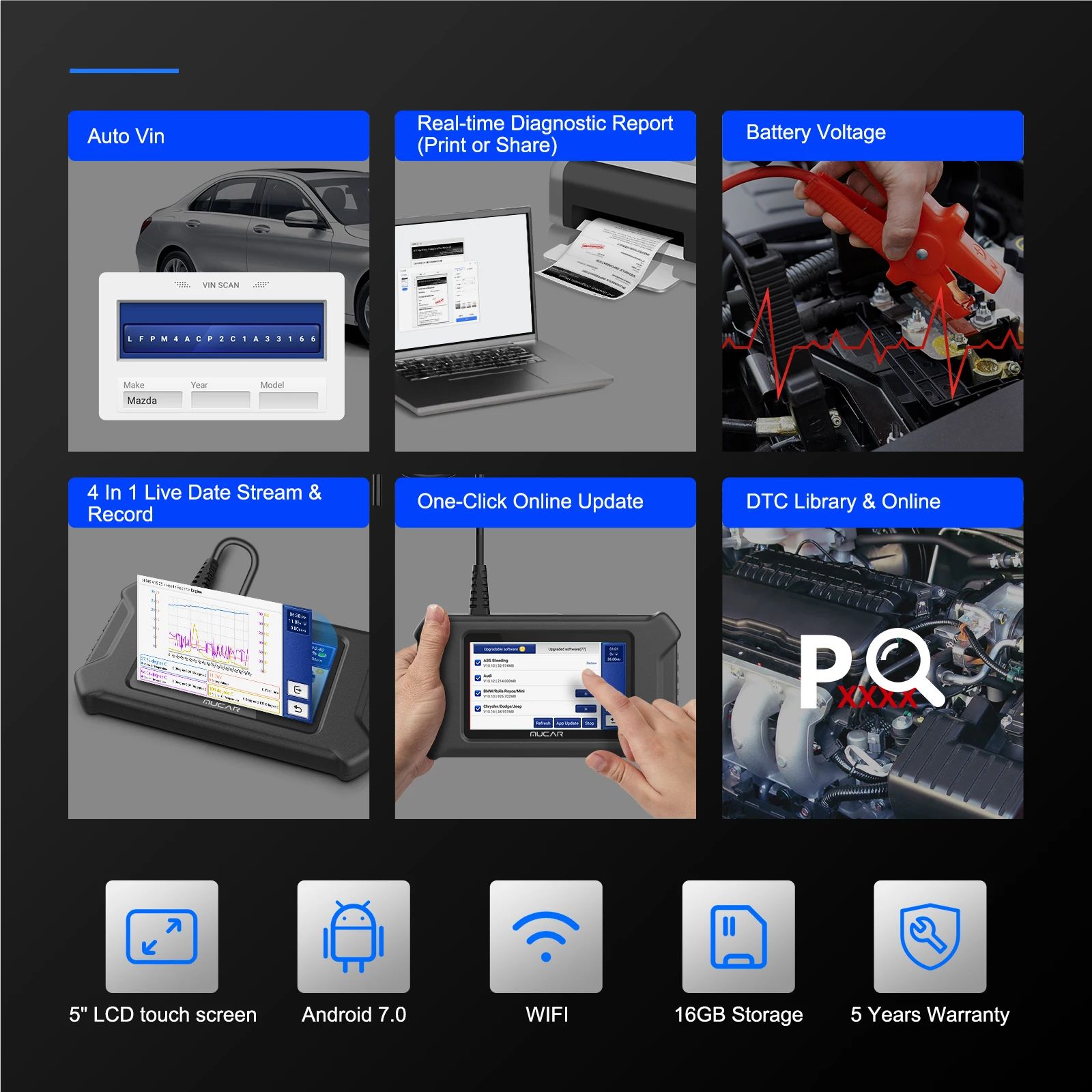 MUCAR CS6 Obd2 Scanner All Car Diagnostic Tools ABS SRS ECM TCM BCM TPMS 6 Resets Vehicle Diagnostic Scan Tool Free Upgrade