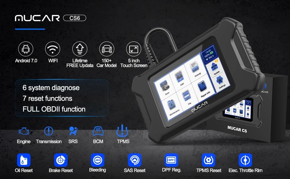 MUCAR CS6 Obd2 Scanner All Car Diagnostic Tools ABS SRS ECM TCM BCM TPMS 6 Resets Vehicle Diagnostic Scan Tool Free Upgrade