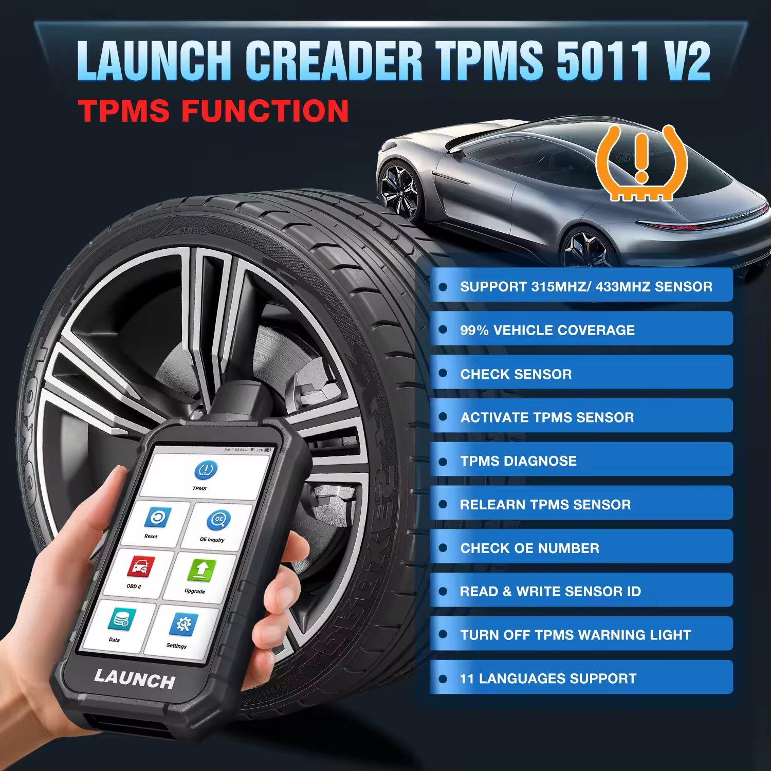 LAUNCH X431 Creader TPMS 5011 V2 Tire Pressure Programming Sensor Scanner Tool TPMS Programming Tool Supports All 315/433MHz
