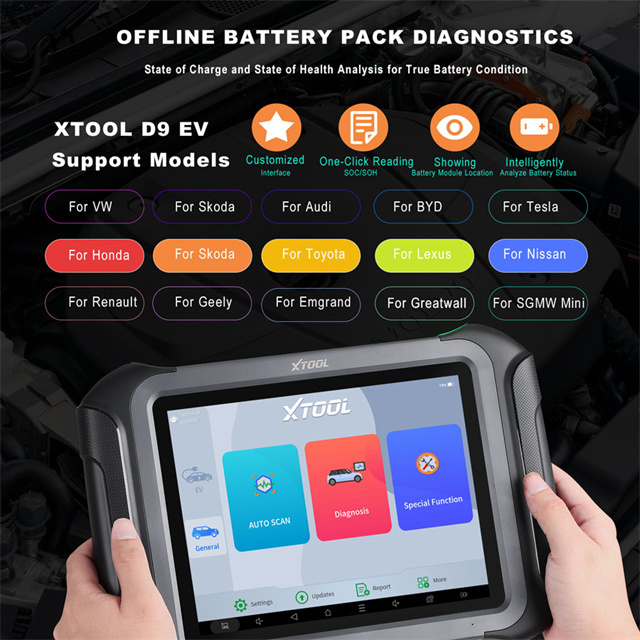 XTOOL D9EV EV Diagnostic Scanner for Tesla for BYD Energy Electric Vehicles High Voltage System Battery Pack Diagnostic Tool