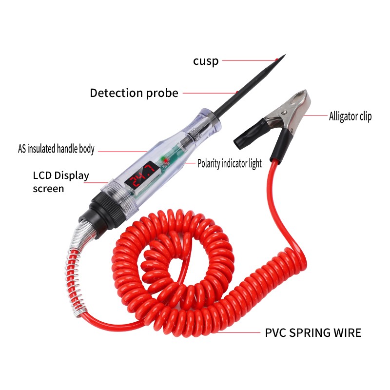 Test Light Automotive 3-48V Digital LED Circuit Tester with Voltage Display Electric Test Pen with Extended Spring Wire