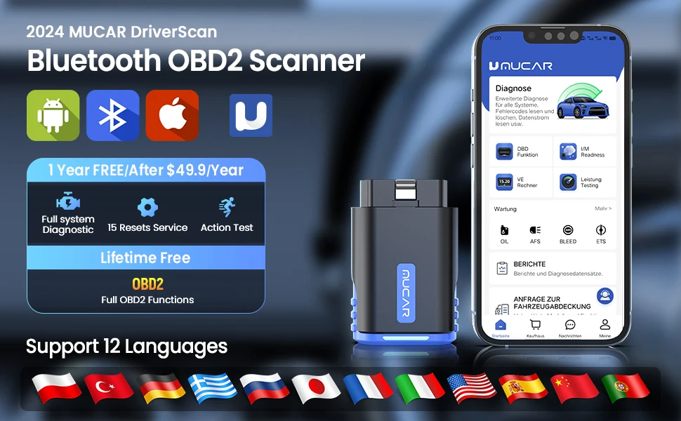 MUCAR DriverScan OBD2 Scanner Bi-directional Scan Tool OE Level All System Diagnostic Active Test 15 Service Function