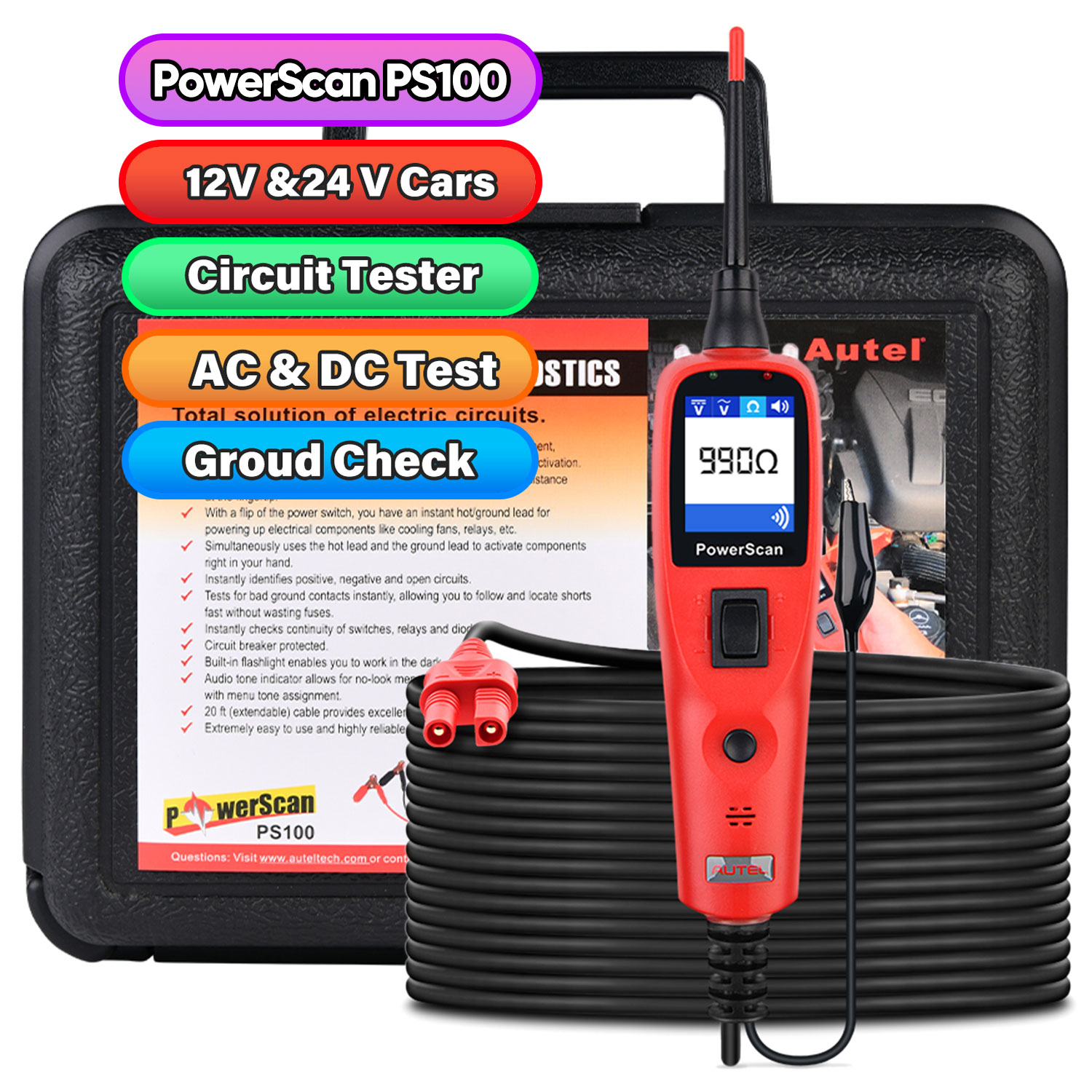Autel PowerScan PS100 12V 24V Automotive OBD2 Scanner Power Probe Electric Circuit System Tester Car Coil Battery Circuit Tester