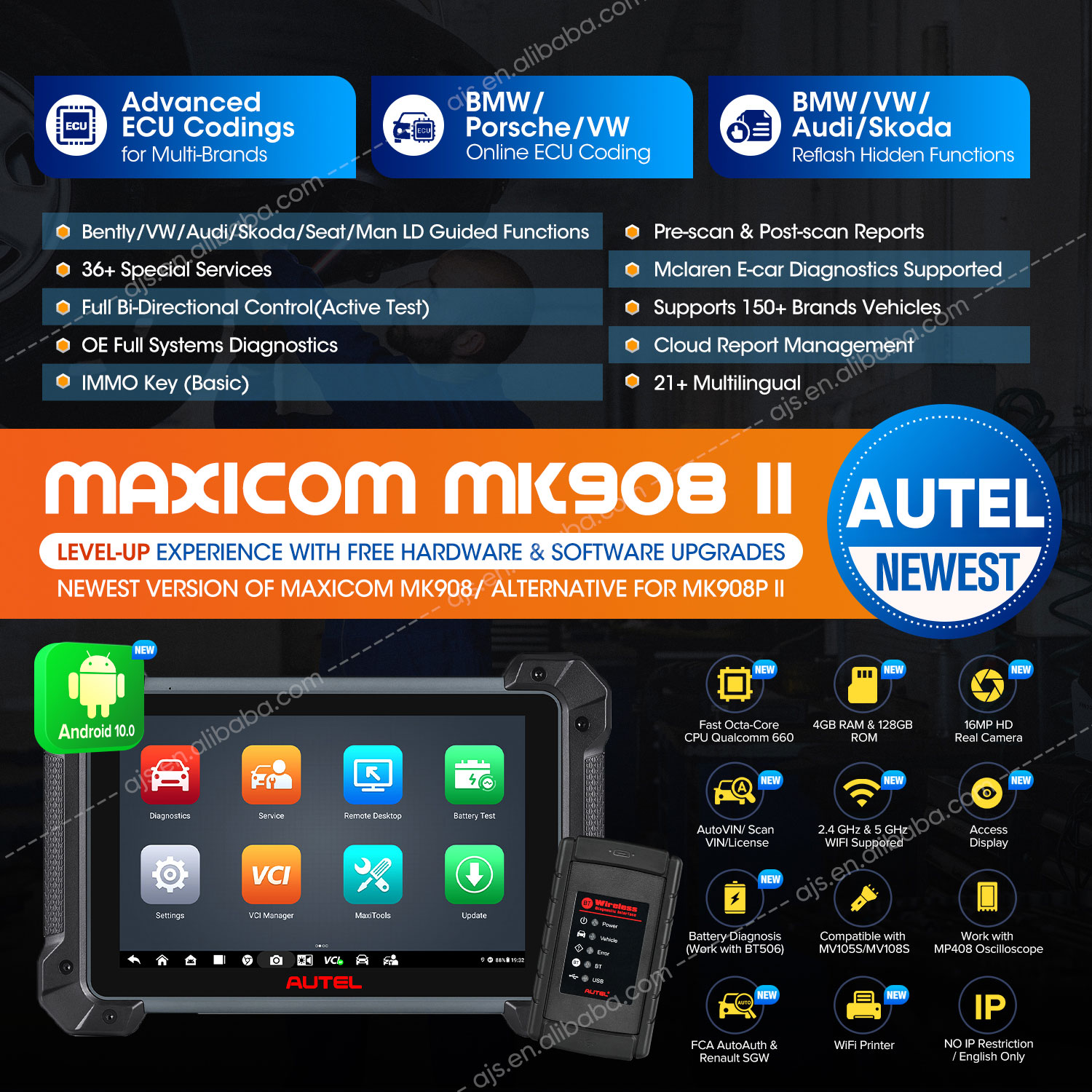 Autel MaxiCOM MK908 Full System OBD 2 Vehicle Scanner Universal Professional Bluetooth Check Tablet Car Diagnostic Tools
