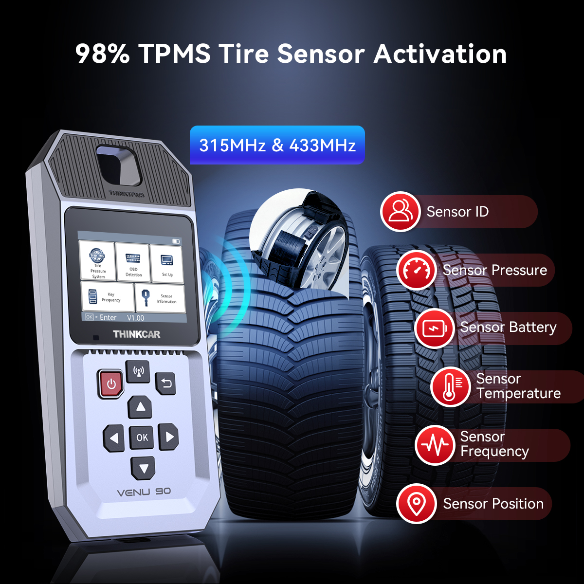 THINKCAR VENU 90 WIFI Update TPMS Diagnostic Tool Tire Pressure Sensor Programming Tpms Sensor Activation Tool for Universal Car