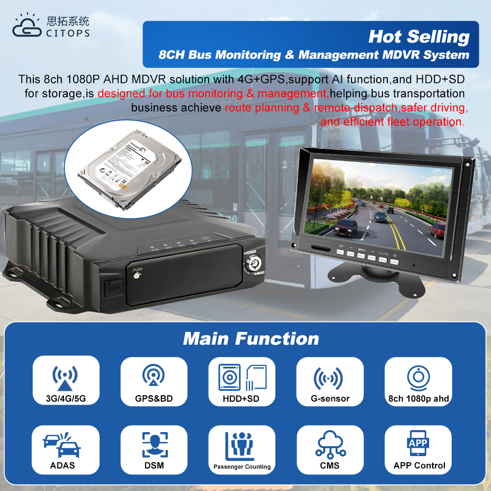 8 Channel HDD MDVR Bus Monitoring System Supporting ADAS DMS Passenger Counting Video Recording For Public Transportation Fleets
