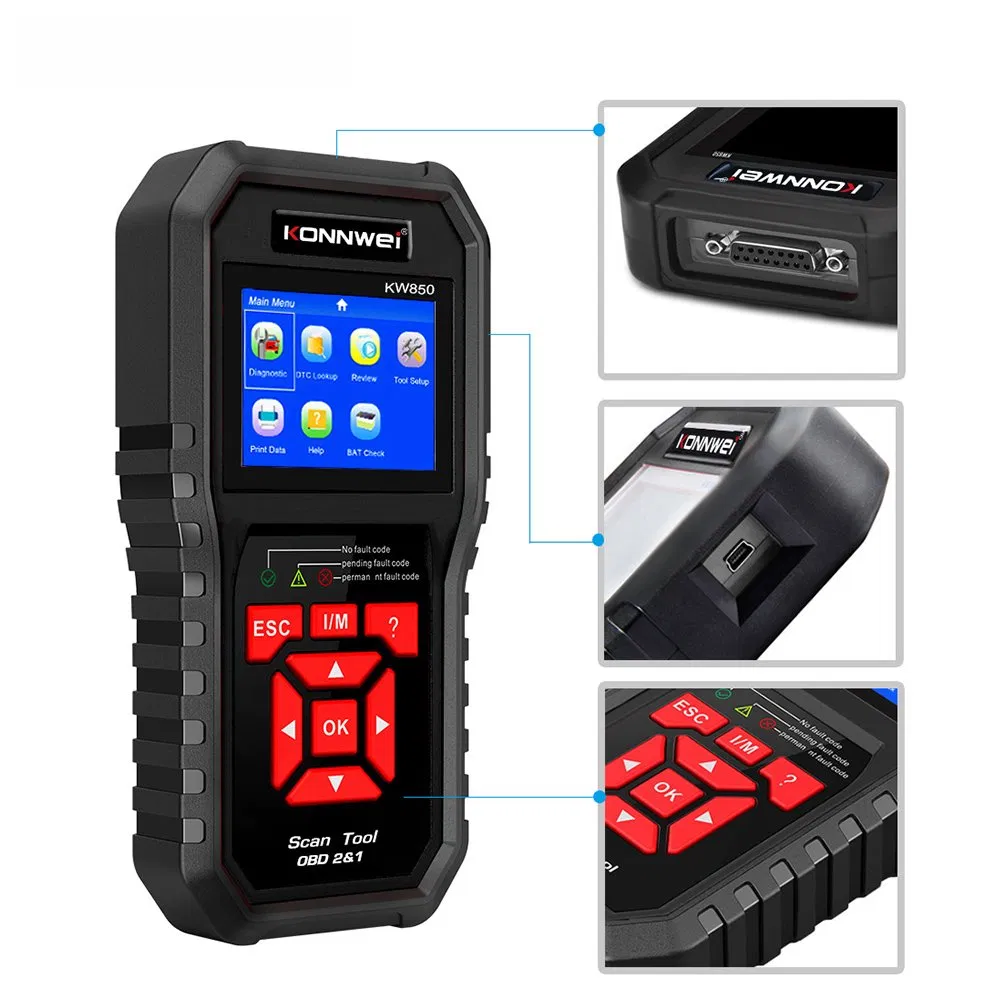 Konnwei Kw850 OBD2 Scanner Code Reader OBD II Automotive Scanner Car Diagnostic Scan Tool Check Engine Tool (Support 8 Languages) - Black