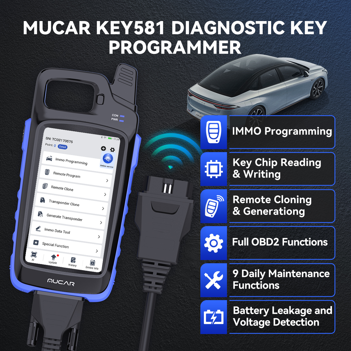 MUCAR KEY581 Key Programmer Tool for Automotive Locksmith with 5 Inch Screen CAN FD DOIP Support All Cars