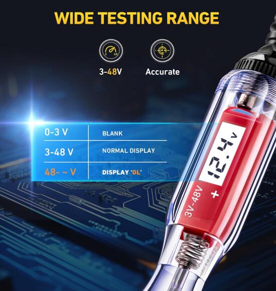 Heavy Duty 3-48V Automotive Circuit Tester with Backlit Digital LCD Voltage Display with Stainless Probe