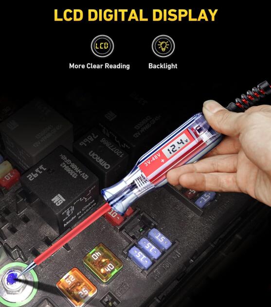Heavy Duty 3-48V Automotive Circuit Tester with Backlit Digital LCD Voltage Display with Stainless Probe