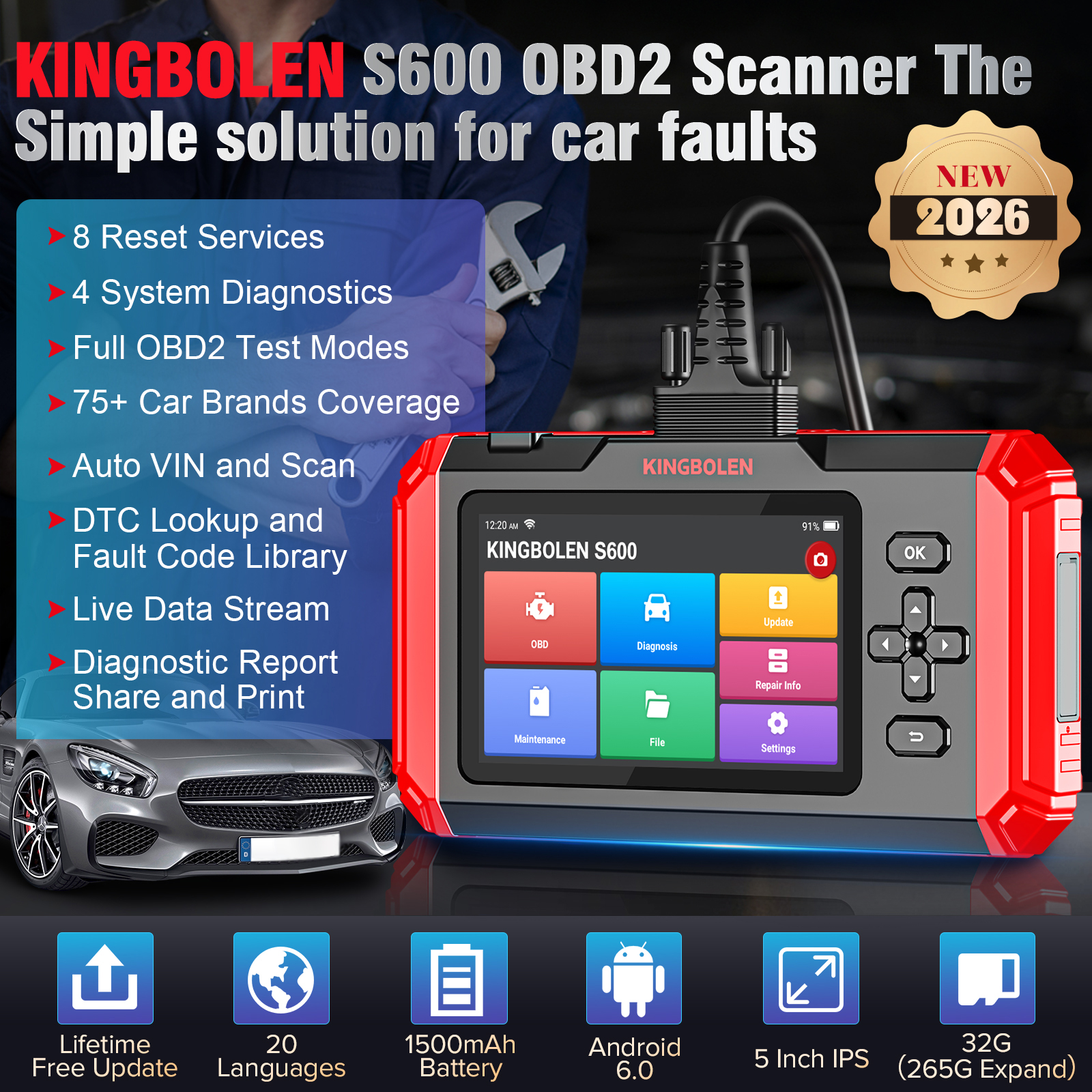 Kingbolen S600 Mutil System OBD2 Scanner ABS SRS ECM TCM 8 Resets TPMS DPF Brake Resets Lifetime Free
