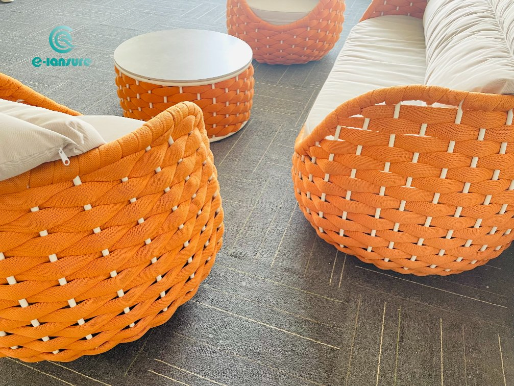 Modern Foshan Factory Wholesale Outdoor Sofa Set Furniture Patio Aluminum Frame Waterproof Orange Woven Rope Sofa Set for Garden Courtyard