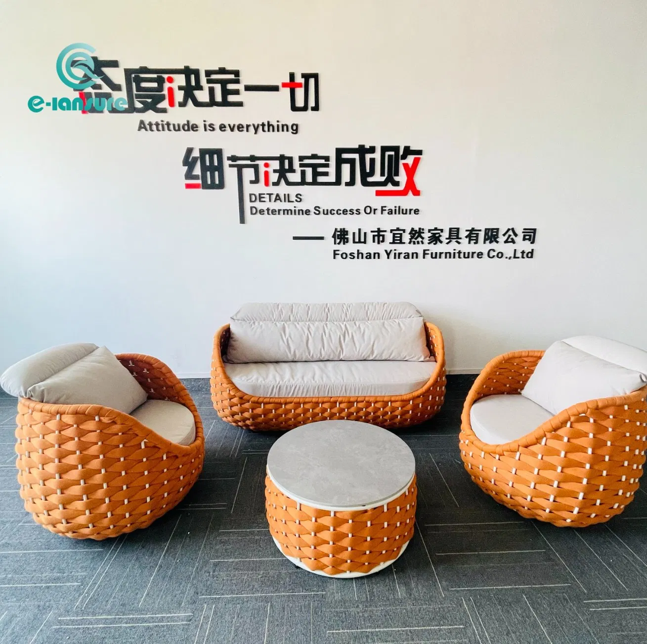 Modern Foshan Factory Wholesale Outdoor Sofa Set Furniture Patio Aluminum Frame Waterproof Orange Woven Rope Sofa Set for Garden Courtyard