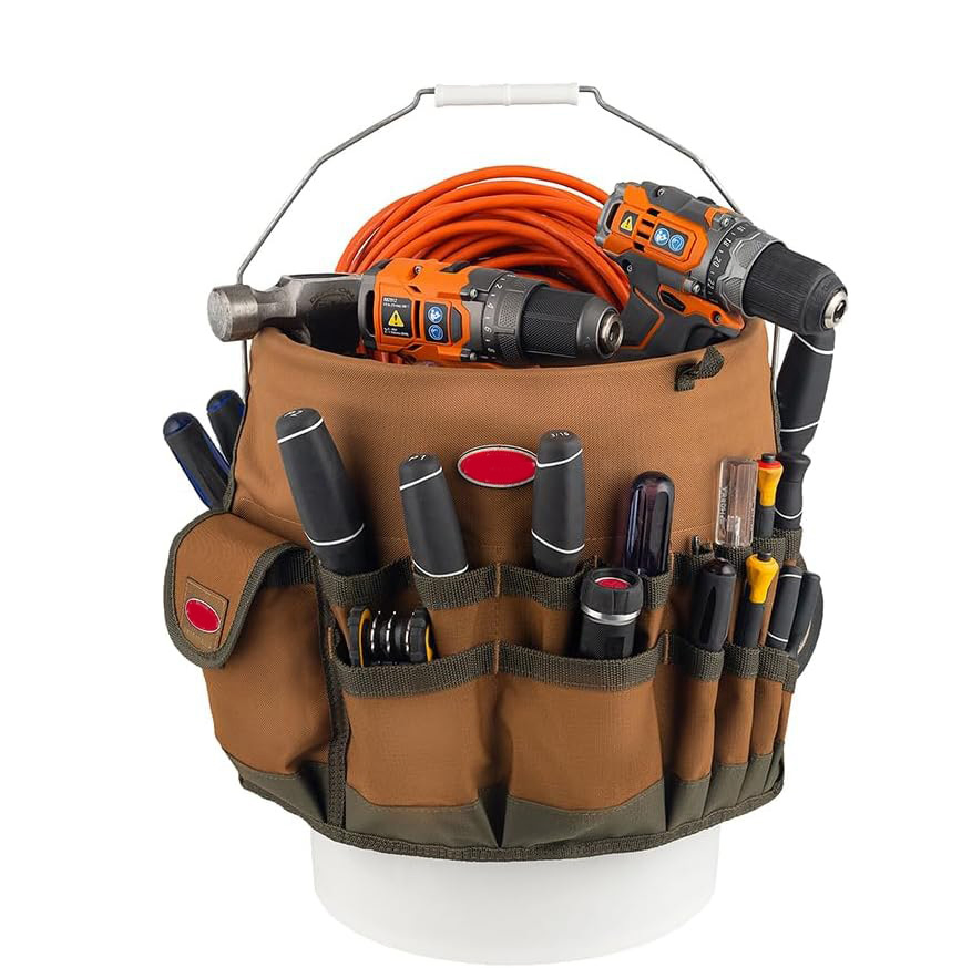 Canvas Bucket Tool Organizer Waterproof Hand Tool Garden Organizer with Multi Pockets Iner Insert for Construction Carpenter
