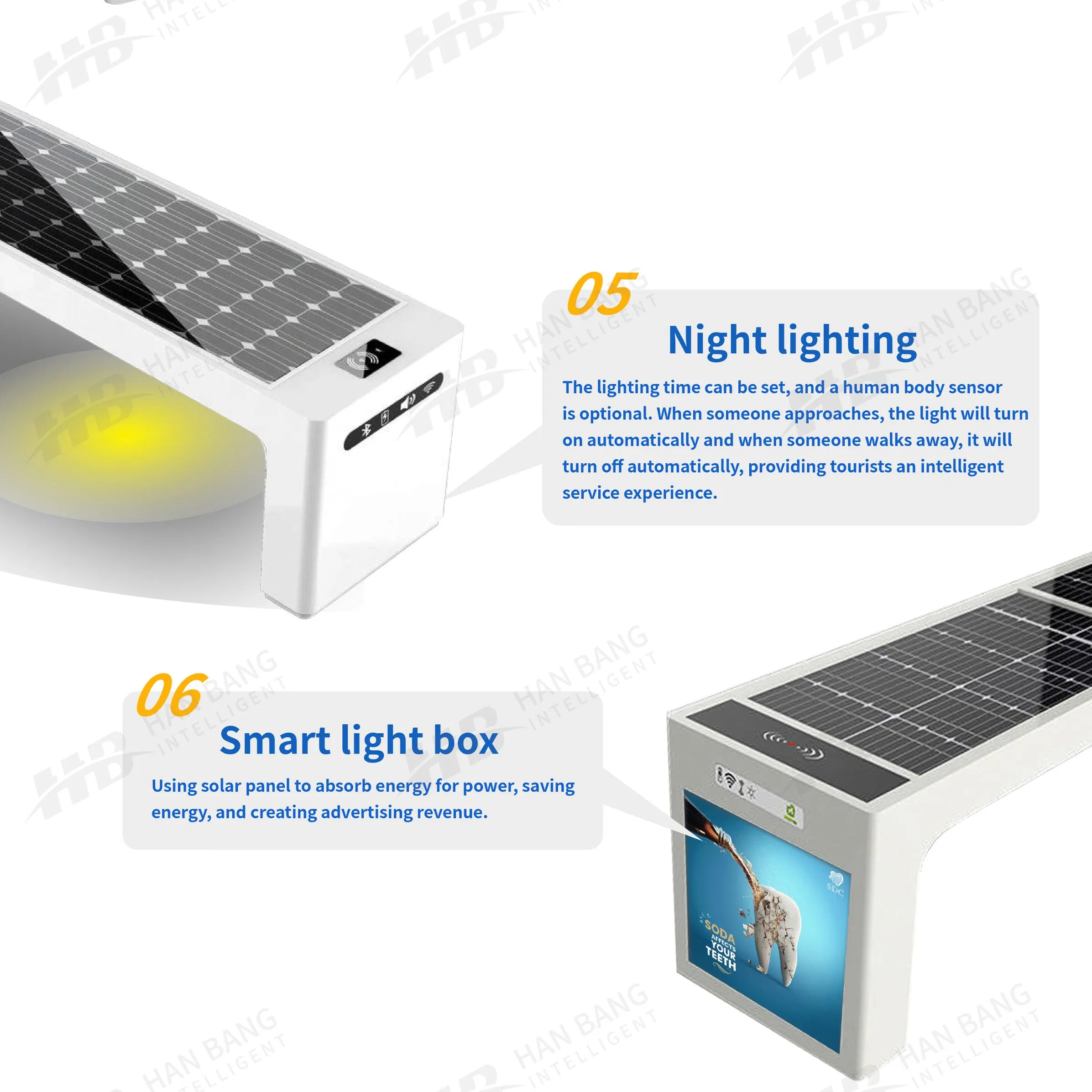 Intelligent Solar Powered Park Bench with LED Light &amp; Environment Sensor