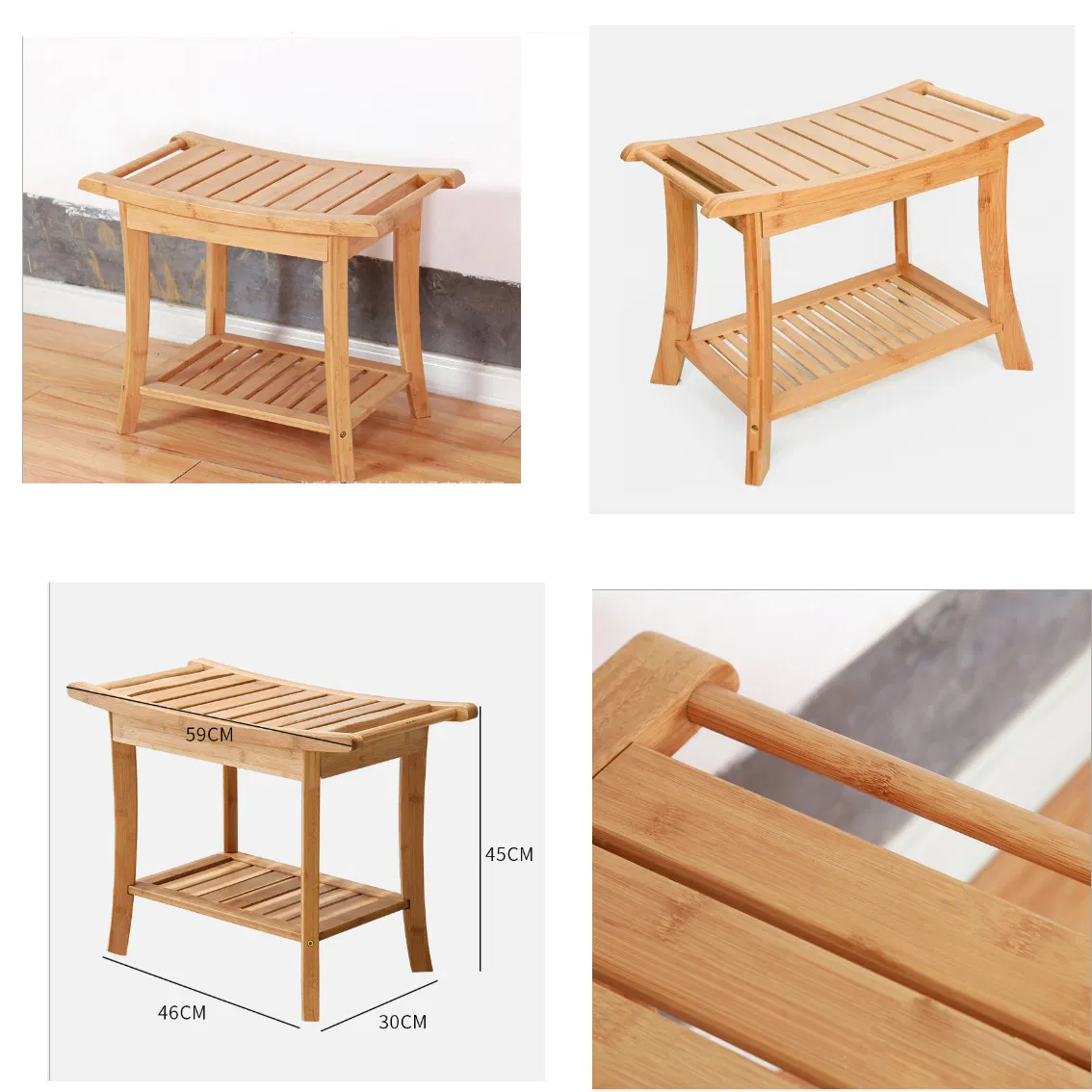 2 Tier Indoor Outdoor Waterproof Bamboo Shower Bench with Storage Shelf Bamboo Bathroom Chair Bamboo SPA Bench