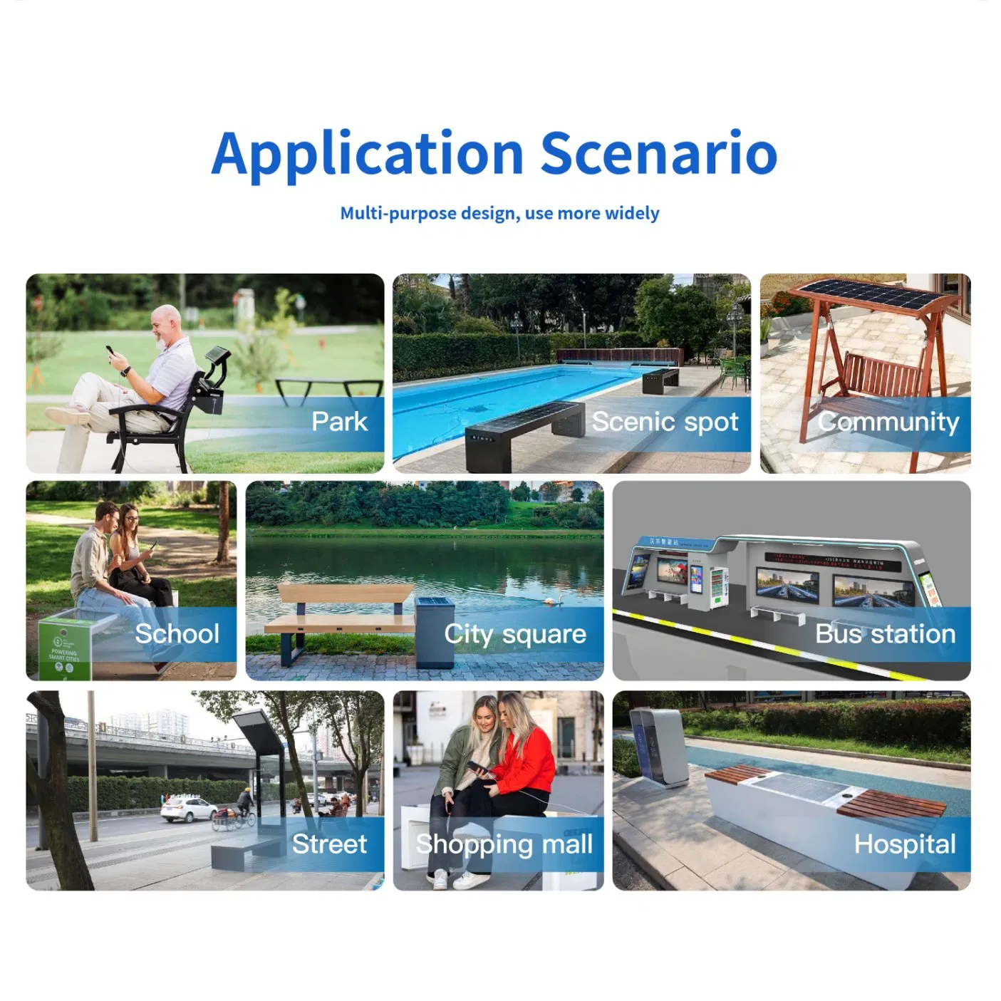 Public Park Solar Bench with Phone Charging &amp; Motion-Activated Lighting