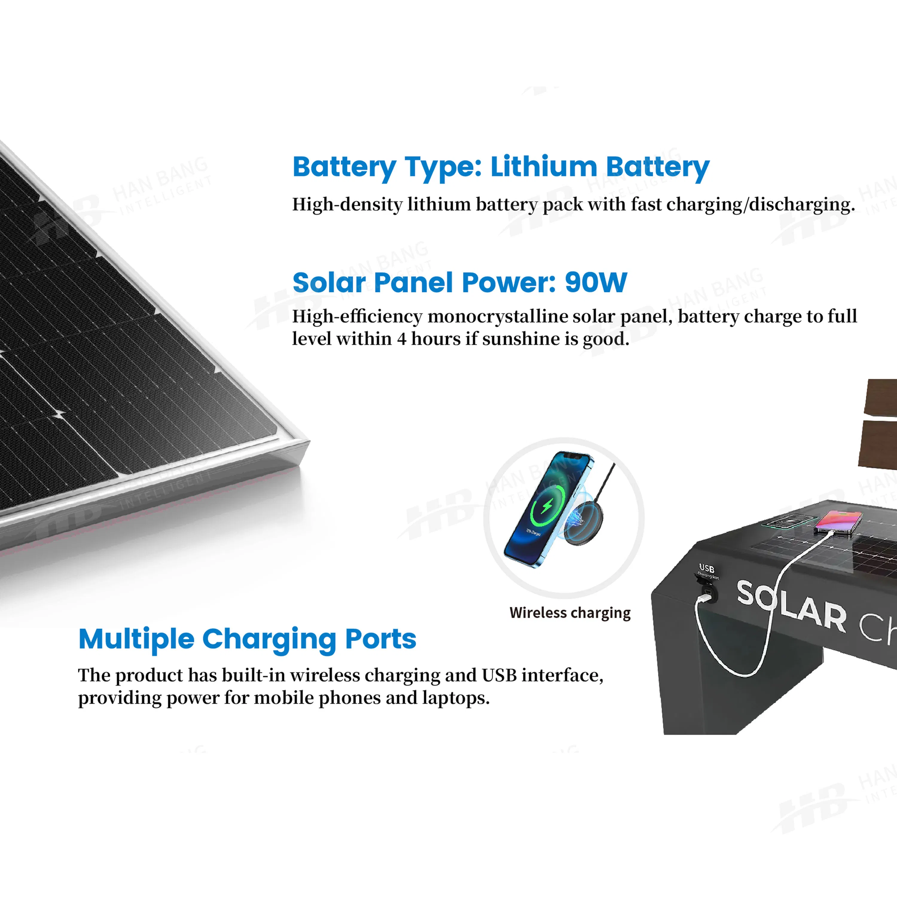 Public Park Solar Bench with Phone Charging &amp; Motion-Activated Lighting