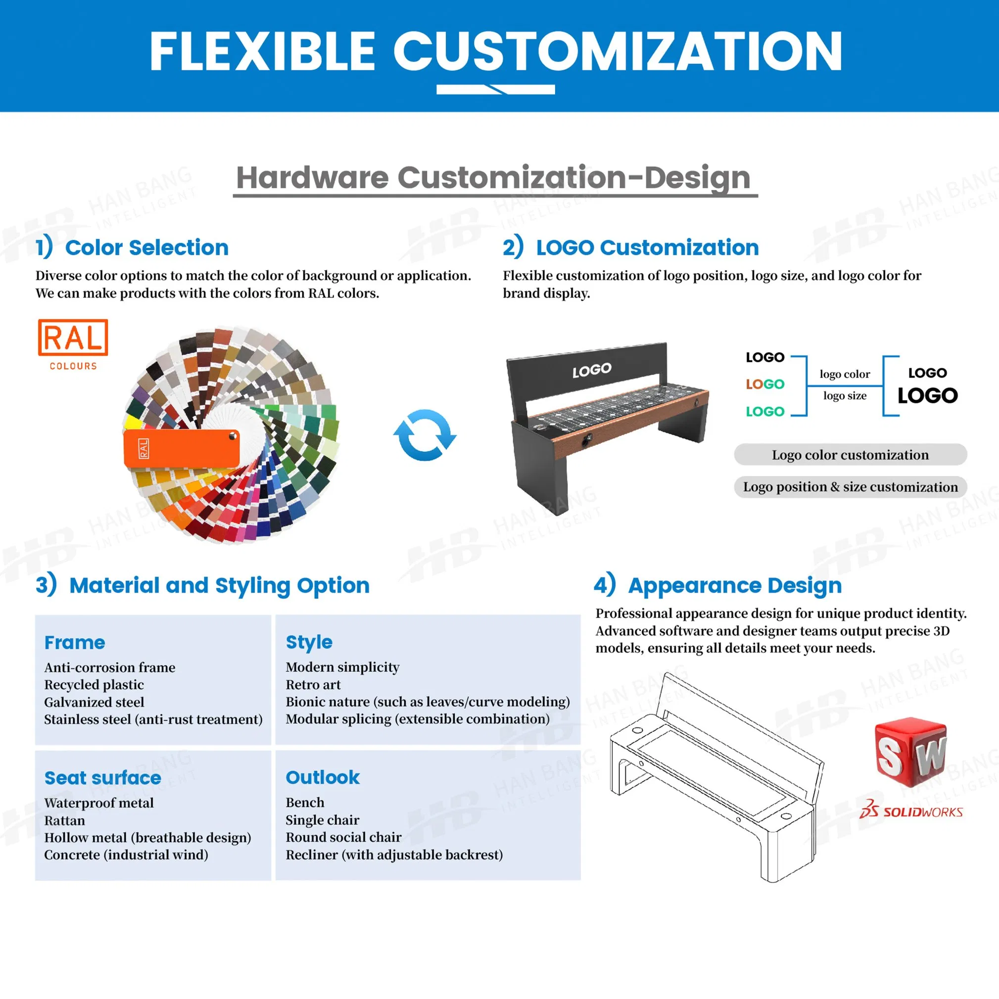 Outdoor Solar Energy Bench with USB Charger and Bluetooth for Bus Stations