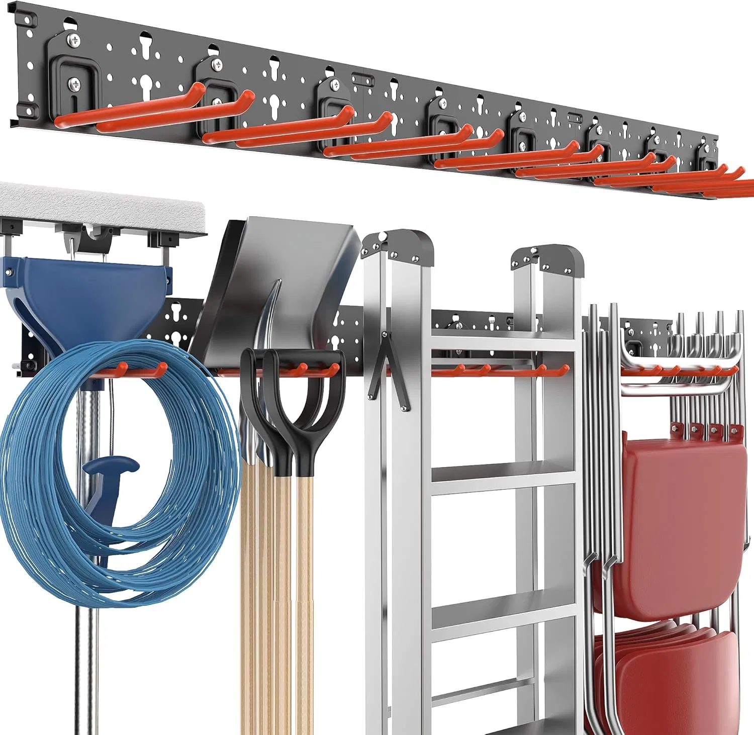 Wall Mount Tool Organizer for Garden Tools, Ladders, Cords, etc.