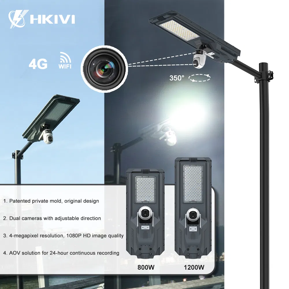 800W 1200W Outdoor Lighting Waterproof Integrated All in One Solar Street Light and 4G or WiFi Solar Dual CCTV Camera