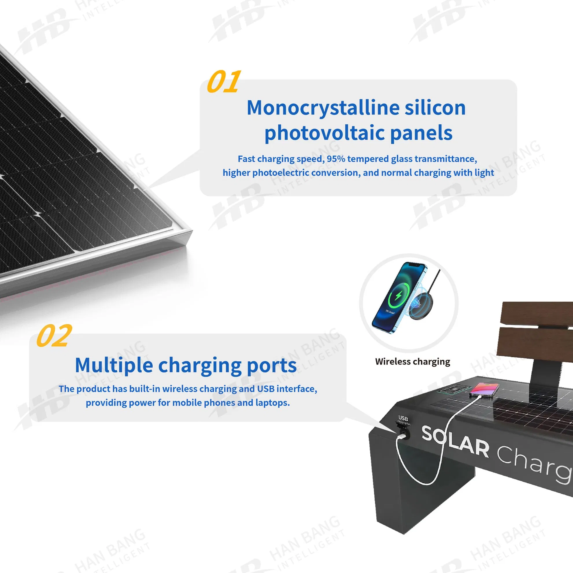 Multifunctional Outdoor Solar Bench Integrated USB Charging LED Light WiFi Bluetooth Speaker